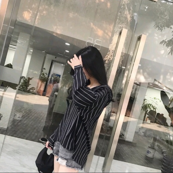 Black Oversized Striped Casual Office Blouse Shirt - Picture 3 of 8